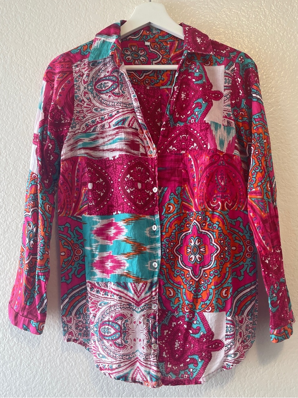 Colorful Paisley Patchwork Button-Up Blouse — Size S/M